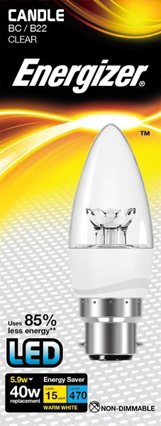 S8852 ENERGIZER LED CANDLE 470LM 5.4W CLEAR B22 (BC) 2,700K (WARM WHITE), PACK OF 1