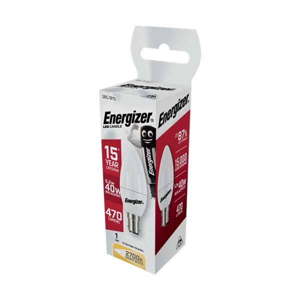 S8878 ENERGIZER LED CANDLE 470LM 5.2W OPAL B15 (SBC) 2,700K (WARM WHITE), PACK OF 1