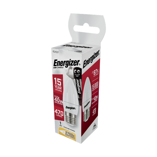 S8880 ENERGIZER LED CANDLE 470LM 5.2W OPAL E27 (ES) 2,700K (WARM WHITE), PACK OF 1