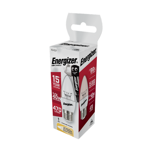 S8882 ENERGIZER LED CANDLE 470LM 5.4W CLEAR E27 (ES) 2,700K (WARM WHITE), PACK OF 1