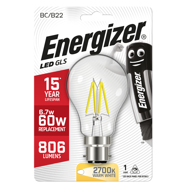 S9025 ENERGIZER FILAMENT LED GLS 806LM 6.7W B22 (BC) 2,700K (WARM WHITE), PACK OF 1