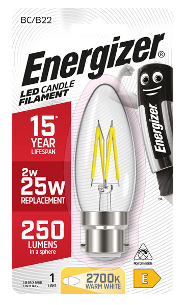 S9027 ENERGIZER FILAMENT LED CANDLE 250LM 2.3W B22 (BC) 2,700K (WARM WHITE), PACK OF 1
