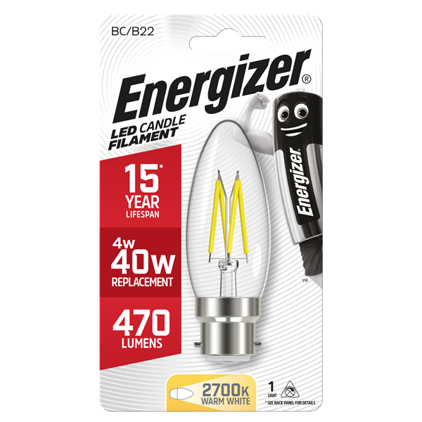S9029 ENERGIZER FILAMENT LED CANDLE 470LM 4W B22 (BC) 2,700K (WARM WHITE), PACK OF 1