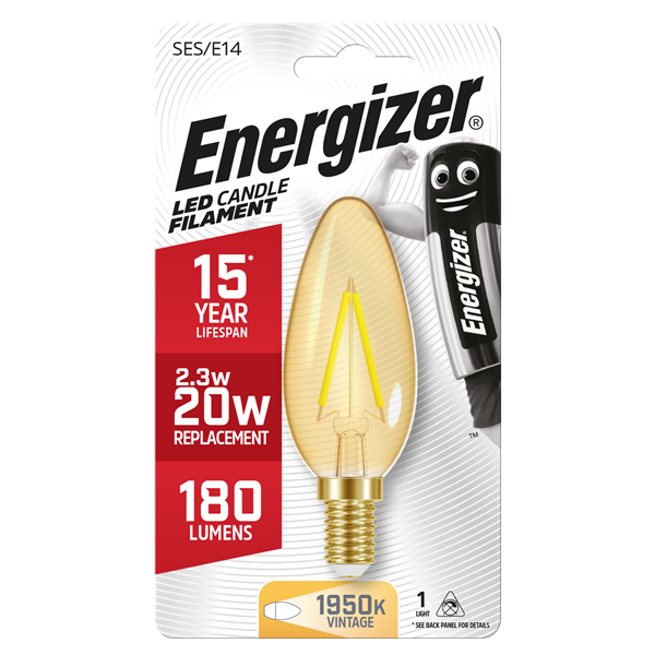 S9431 ENERGIZER FILAMENT GOLD LED CANDLE 200LM 2.6W E14 (SES) 1,950K (WARM WHITE), PACK OF 1