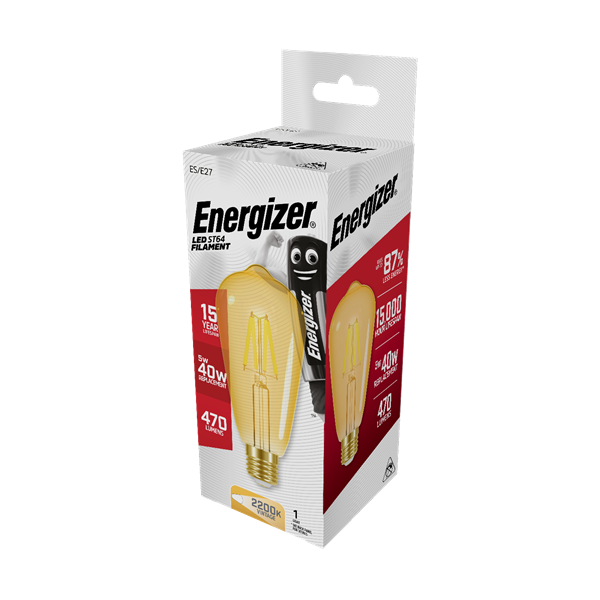 S9433 ENERGIZER FILAMENT GOLD LED ST64 470LM 5W E27 (ES) 2,200K (WARM WHITE), PACK OF 1