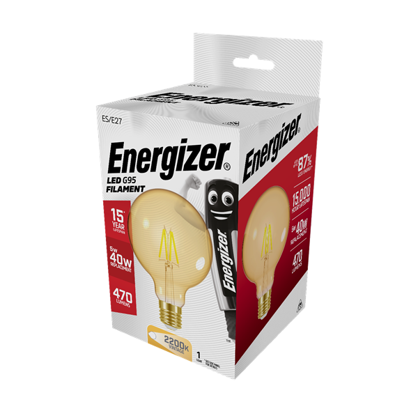 S9434 ENERGIZER FILAMENT GOLD LED G95 470LM 5W E27 (ES) 2,700K (WARM WHITE), PACK OF 1
