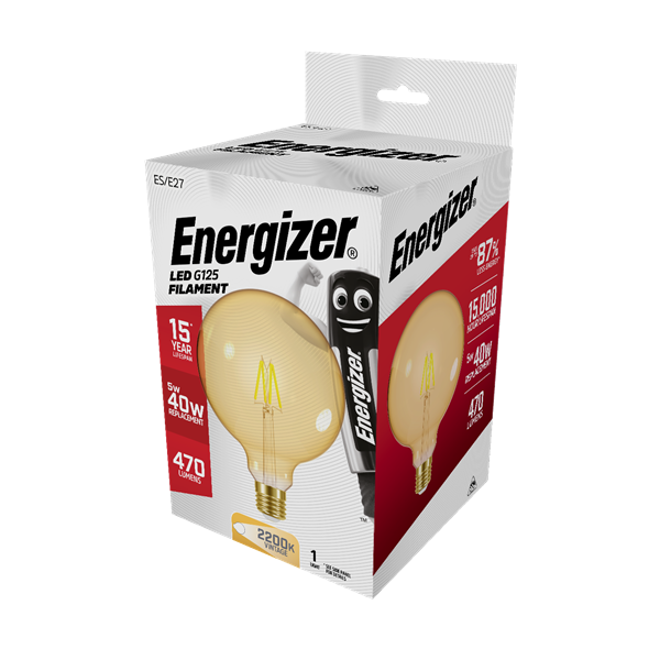 S9435 ENERGIZER FILAMENT GOLD LED G125 470LM 5W E27 (ES) 2,200K (WARM WHITE), PACK OF 1