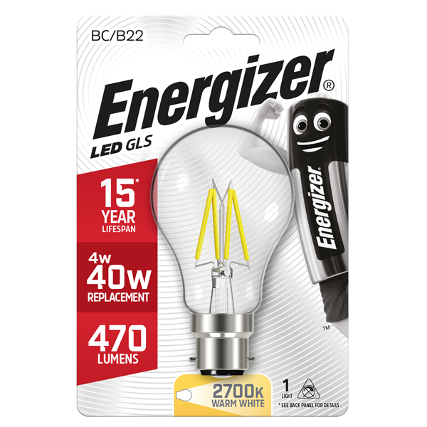 S9023 ENERGIZER FILAMENT LED GLS 470LM 4W B22 (BC) 2,700K (WARM WHITE), PACK OF 1