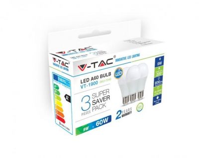 V-Tac 1900 9W A60 Led Plastic Bulb Colorcode:4000k E27 3pcs/Pack