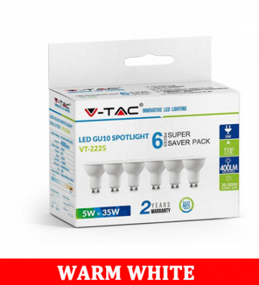 V-TAC 2225 5W SMD White Plastic Spotlight-Milky Cover Colorcode:3000k Gu10 110'd 6pcs/Pack