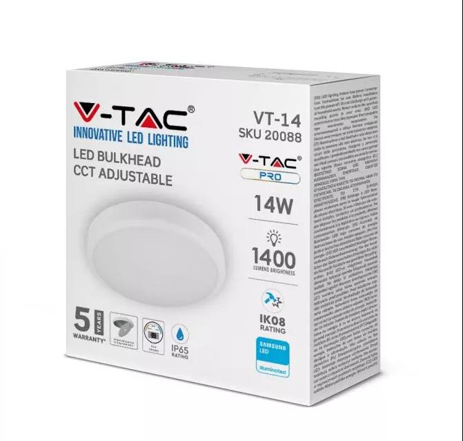 V-TAC 14W LED DOME LIGHT SAMSUNG CHIP CCT:3IN1 IP65 5YRS WTY